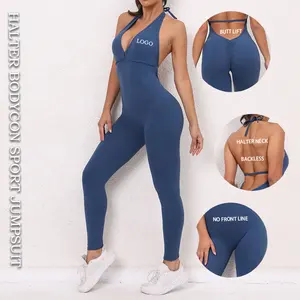 Mono de Yoga de una pieza con logotipo personalizado para mujer, ropa deportiva activa para gimnasio, Espalda descubierta, cuello Halter, para entrenamiento