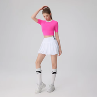 Setelan Rok Kasual Bulu Tangkis/Golf/Tenis Lengan Pendek Motif Bunga Musim Panas, Bahan Spandex/Nilon 220g, Kerah Bulat, Model Ramping untuk Wanita