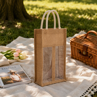 Sac cadeau pour vin, simple ou double bouteille, sac en jute pour vin avec fenêtre transparente en PVC, poignée en corde de coton, logo personnalisé pour l'emballage du vin