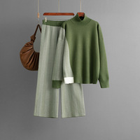 Ensemble de chandails en tricot pour femmes, haut à col roulé contrasté, pantalon large, ensemble deux pièces