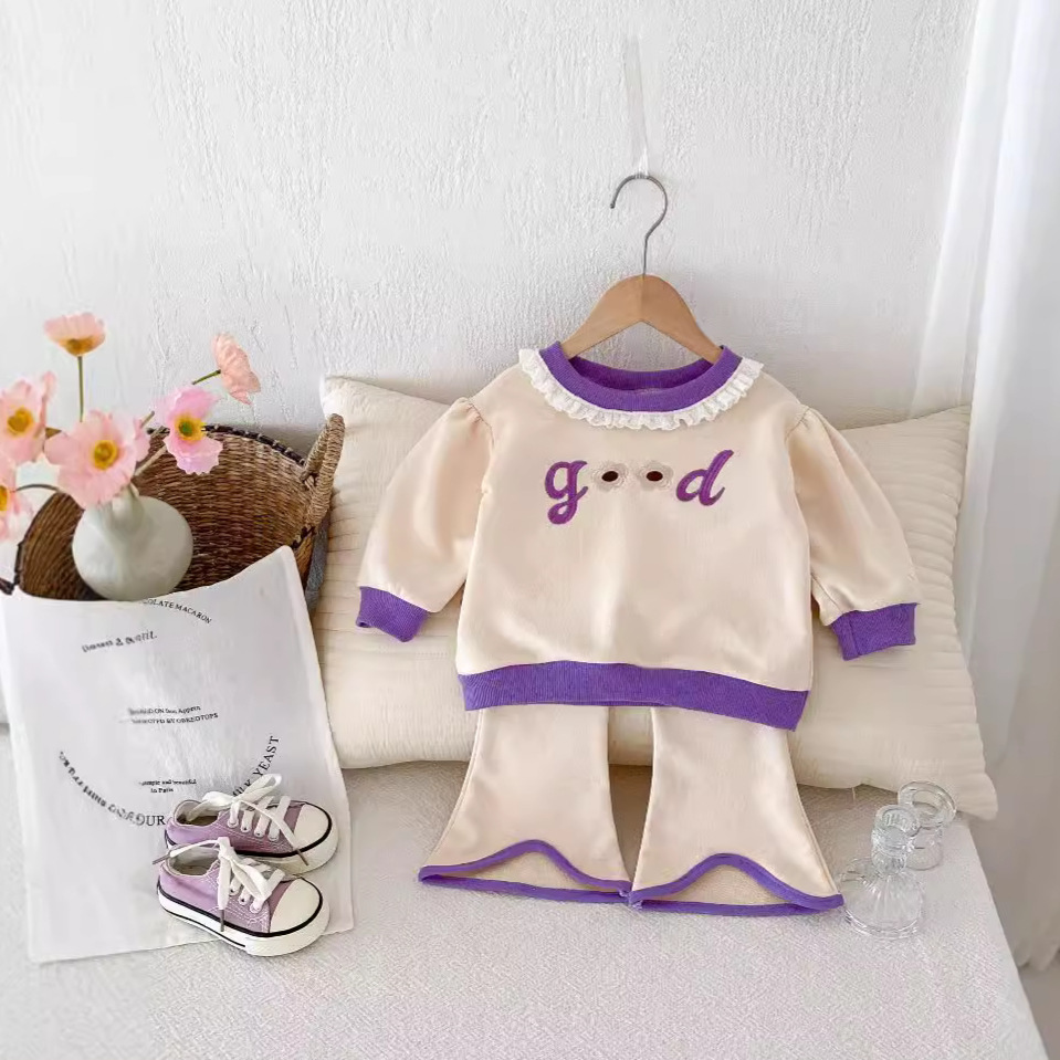 Autumn 2024 Girls' Casual Baby Clothes New Western Style Sweater Suit Two-Piece Design Letter Pattern for Spring Fall Fashion