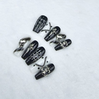 Uñas artificiales puramente hechas a mano, longitud media-larga, serie oscura, combinación de colores en blanco y negro, alta calidad, reutilizable