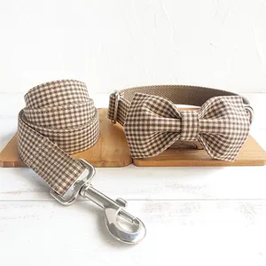 Classic pet shop dog supplies harness custom dog collar bowtie brown plaid pet leash collar manufacturer dog leads and collars