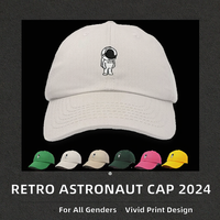 Cappellino da Baseball Vintage con Logo Astronauta Ricamato, 6 Pannelli, Effetto Invecchiato, Regolabile, Unisex, Stile Dad Hat