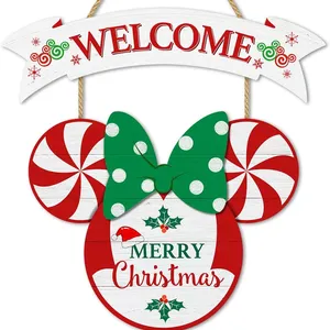 Señales de bienvenida de Mickey para decoración de puerta de Navidad, señales de madera de 2 paneles, suministros de fiesta de Navidad para el hogar