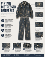 Ensemble veste et pantalon en jean jacquard délavé, brodé, vintage, respirant et décontracté MENGTU, multi-poches