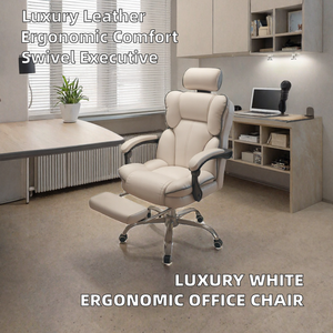 Fauteuil de bureau de direction de luxe blanc en cuir PU ergonomique, confortable, inclinable et pivotant, au design moderne, pour la maison et le bureau - Product Image 2