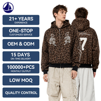 Sweat à capuche zippé personnalisé imprimé léopard pour homme, broderie, rivets décoratifs, coupe oversize, style streetwear Y2K, pour l'hiver
