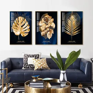 Pintura em tela com impressão de arte para parede, arte de decoração nórdica dourada, folhas azuis, flor, pintura em tela abstrata moderna
