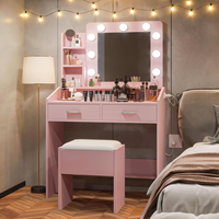 Spiegel LED Lichter Make-up Waschtisch mit Steckdose Gepolsterter Hocker Schmink tisch Schubladen 3 Beleuchtungs modi Schlafzimmer Pink