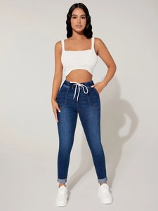 Jeans Capri en <span class=keywords><strong>coton</strong></span> pour femmes avec cordon de serrage <span class=keywords><strong>taille</strong></span> élastique pantalon en Denim skinny à haute élasticité Style décontracté solide pour l'été hiver <span class=keywords><strong>taille</strong></span> XL - Product Image 5