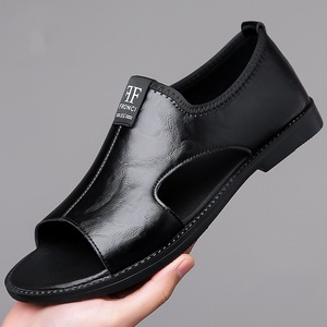 Sandalias de cuero con punta abierta para hombre, con suela de goma, entresuela de EVA, forro de malla, estilo playero, informales, para verano. - Product Image 1