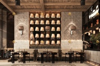 Conception d'intérieur de restaurant 3D du Moyen-Orient, concept de café-restaurant moderne, ensemble table et chaises sur mesure, canapé et chaise en bois massif