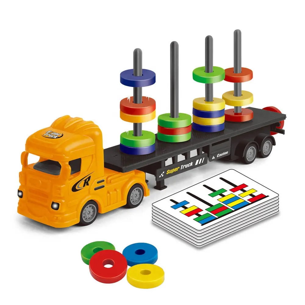 Juguete educativo magnético para niños, camión de remolque, torre de apilamiento, juego de orientación cognitiva de color, con tarjetas
