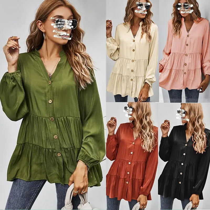 Áo Sơ Mi Thu Xuân Giản Dị Ruched Baggy Womens Quần Áo Đen Dài Tay Áo Nút Lên Áo Mùa Thu Tops Đối Với Phụ Nữ Thời Trang Sexy