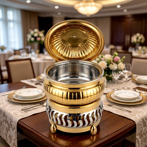 Luxury Two-Tone Gold & Silver Stainless Steel Fluted Round <b>Chafing</b> <b>Dish</b> <b>Set</b> with Sculpted Pedestal Stand for Weddings - Product Image 1