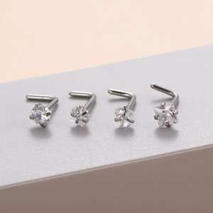 Piercing per Naso in Acciaio Inox con Zirconia, Asta Dritta o Curva, Forma a L, Rotonda, a Cuore, a Stella, Quadrata, con Zirconi Cubici - Product Image 2