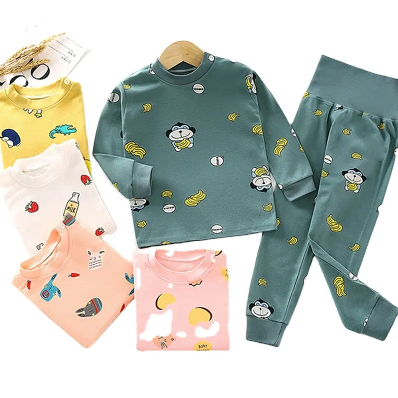 2021 New Pure Cotton Children Long Sleeve Pajamas with High Waist Boys Girls Cartoon Print Pyjamas Nightwear Clothes for Kids