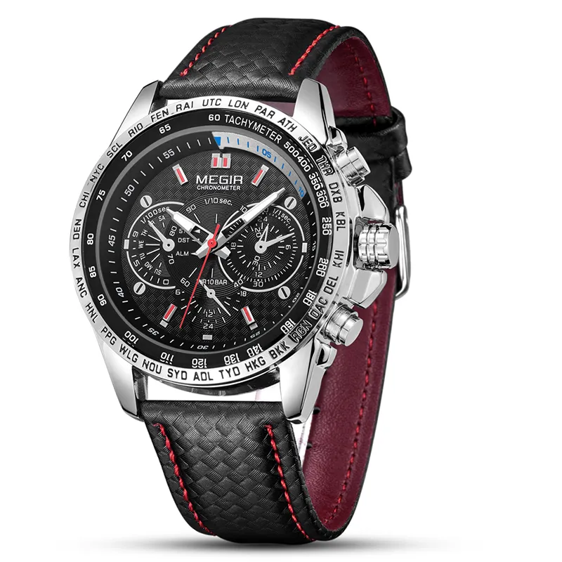 2020 Megir 1010 Custom Luxe Lederen Quartz Chronograaf Horloges Mannen Pols Waterdicht Reloj Hombre Groothandel Mannen Horloges
