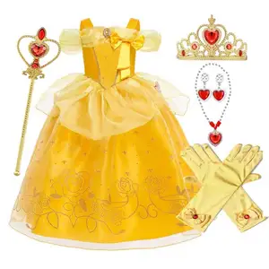 Halloween Christmas Outfits Little Girl Yellow Layered Classic Children Belle Princess Dresses With Accessories HCBL-005