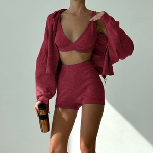 แจ็คเก็ตกีฬามีฮู้ดแบบซิปสีพื้นเซตสามชิ้นสำหรับผู้หญิงเครื่องแต่งกายใส่อยู่บ้านลำลองแฟชั่นหลากหลายสไตล์ประจำวัน - Product Image 2