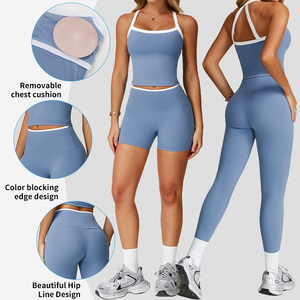 Completo Yoga Patchwork TZ2027: Top Sportivo Halter con Spalline Incrociate e Leggings Aderenti per <span class=keywords><strong>Donna</strong></span> - Ideale per Corsa e Fitness - Product Image 5