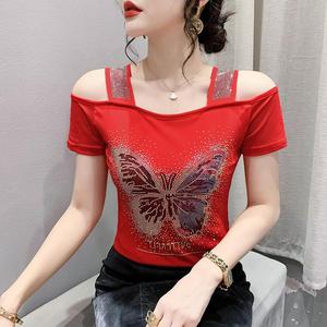 Camiseta de verano exquisita <span class=keywords><strong>con</strong></span> pedrería, de doble capa, de seda helada y malla, de manga corta, a <span class=keywords><strong>la</strong></span> moda, <span class=keywords><strong>con</strong></span> hombros descubiertos y <span class=keywords><strong>espalda</strong></span> hermosa - Product Image 6