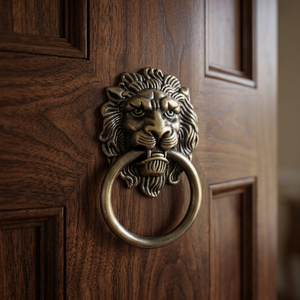 Battant de porte en fonte noire antique en forme de tête de lion avec finition en laiton antique - Product Image 2