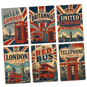 Panneau en métal vintage britannique, motif Union Jack, bus rouge et cabine téléphonique, style rétro, pour décoration de pub, café, maison, affiche vintage - Product Image 1