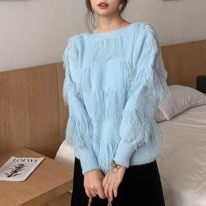 เสื้อผู้หญิงหรูหราพร้อมพู่แขนโคมไฟคอกลมถักดีไซน์สวยสีพื้น - Product Image 5