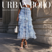 Jupe longue maxi en denim et résille style bohème pour femme - Jupes longues en tulle à volants avec ceinture tressée - Imprimé aquarelle élégant