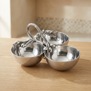 Custom Aluminum 3 Compartment Olive Pattern Condiment Serving Bowl with Mirror Polished Finished Used for Serving Dry Fruits - Product Image 1