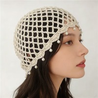 Gorro de punto calado hecho a mano para mujer, gorro de verano transpirable con lentejuelas y perlas, elegante gorro vintage