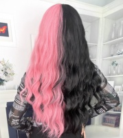 Perruque synthétique à frange Ainizi en gros, longue et ondulée, couleur mi-rose mi-noire, tendance, pour femmes blanches