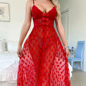 Camisón de malla transparente con lazo, sexy y seductor, con bordado fino, para mujer, en oferta. - Product Image 3