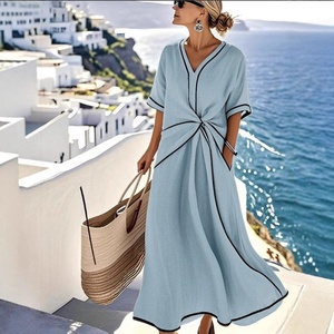 <span class=keywords><strong>Abito</strong></span> lungo <span class=keywords><strong>beige</strong></span> effetto <span class=keywords><strong>lino</strong></span> con scollo a V da donna, con nodo frontale e bordo a contrasto, a mezza manica, vestibilità ampia, casual, per vacanze al mare e resort - Product Image 2