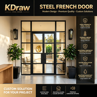 Portes françaises modernes en acier noir avec panneaux en verre, porte intérieure et extérieure personnalisée pour villa
