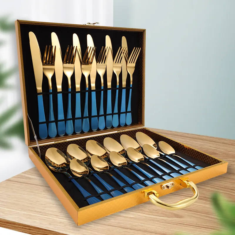 Großhandel Luxus Schwarz gold Besteck Set Edelstahl 24 Stück Besteck Set mit Holzkiste