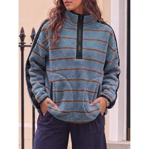 Sudadera de forro polar personalizada para mujer, con cremallera de un cuarto, estilo oversize, a rayas, cálida para invierno, con cuello alto y bolsillos laterales - Product Image 5
