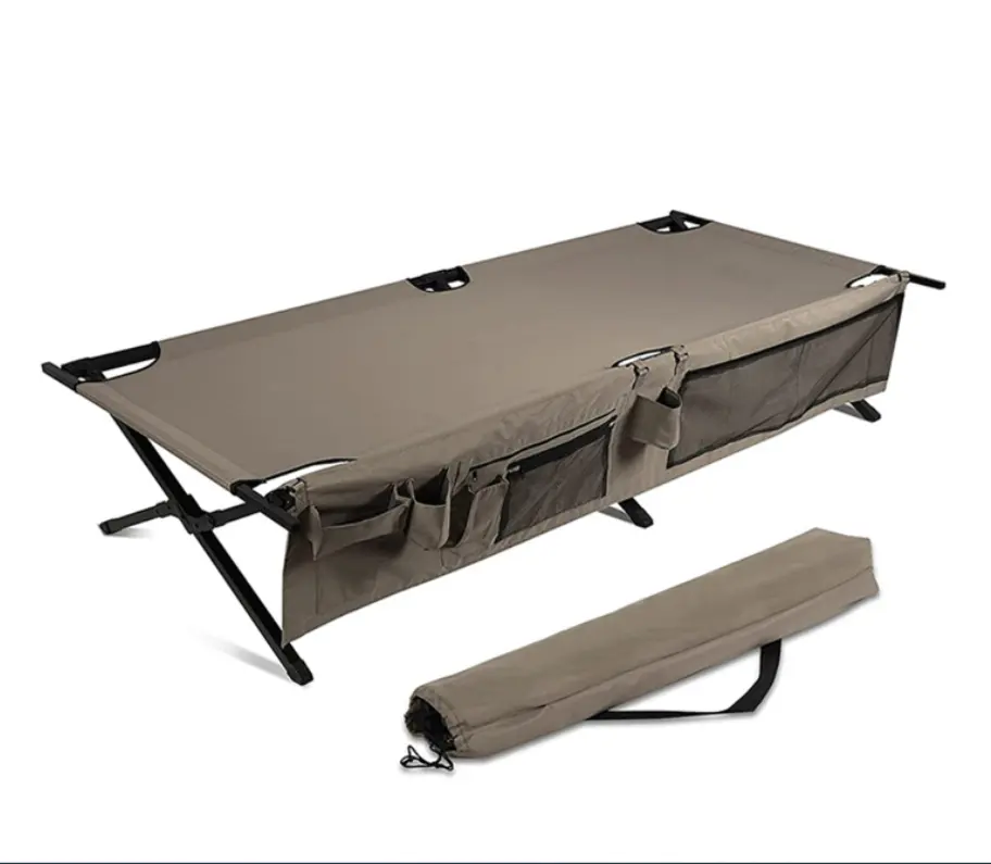 New Outdoor Camping Sleeping Gear Portable Large Reinforced Side Pockets Bed Folding Fishing Camping Cot