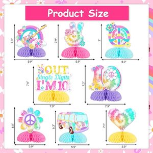 Décorations Tie Dye pour 10e anniversaire de filles, <span class=keywords><strong>8</strong></span> pièces, centres de table en nid d'abeille, thème arc-en-ciel rétro hippie, papier imperméable - Product Image 4