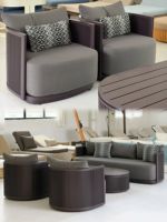 Ensemble de canapés d'extérieur en aluminium gris foncé de luxe moderne, table basse ovale cannelée, fauteuils cylindriques confortables pour cour et patio