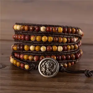 4mm Natural Moukaite fashion wrap bracelets leather treaty bracelet Wrap around wrist BOHO stackable bracelet