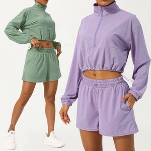 Completo sportivo da donna 2 pezzi <span class=keywords><strong>per</strong></span> palestra Fitness con Zip e abbigliamento protettivo a manica lunga 50 + pantaloncini sportivi da corsa - Product Image 6