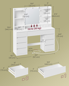 Table de maquillage <span class=keywords><strong>VASAGLE</strong></span> avec 9 tiroirs, table de maquillage moderne avec prises électriques, <span class=keywords><strong>coiffeuse</strong></span> avec miroir et ampoules <span class=keywords><strong>LED</strong></span> - Product Image 6