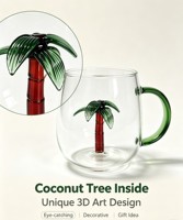 Gobelet en verre borosilicate de 420 ml, design moderne 3D palmier, poignée verte, compatible lave-vaisselle et micro-ondes, pour l'eau