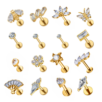 Boucles d'oreilles en titane ASTM F136 avec zircon, clous à dos plat filetés internement pour tragus et cartilage, plaqués or 18 carats, bijoux de piercing corporel