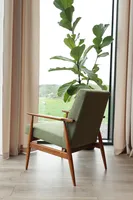 Fauteuil en bois Scandianavia Vintage Green Sage Boucle Lounge Chair Mid Century Design Fauteuil en bois avec pieds tournés