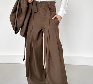 Pantalon palazzo plissé taille haute pour femme avec ceinture, coupe ample décontractée, idéal pour le bureau et le streetwear - Product Image 3