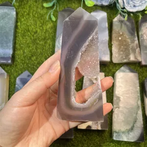 Wholesale Natural Hand Carved Grey Agate Druzy Tower Agate Geode Polished Crystal Point For Agate Geode